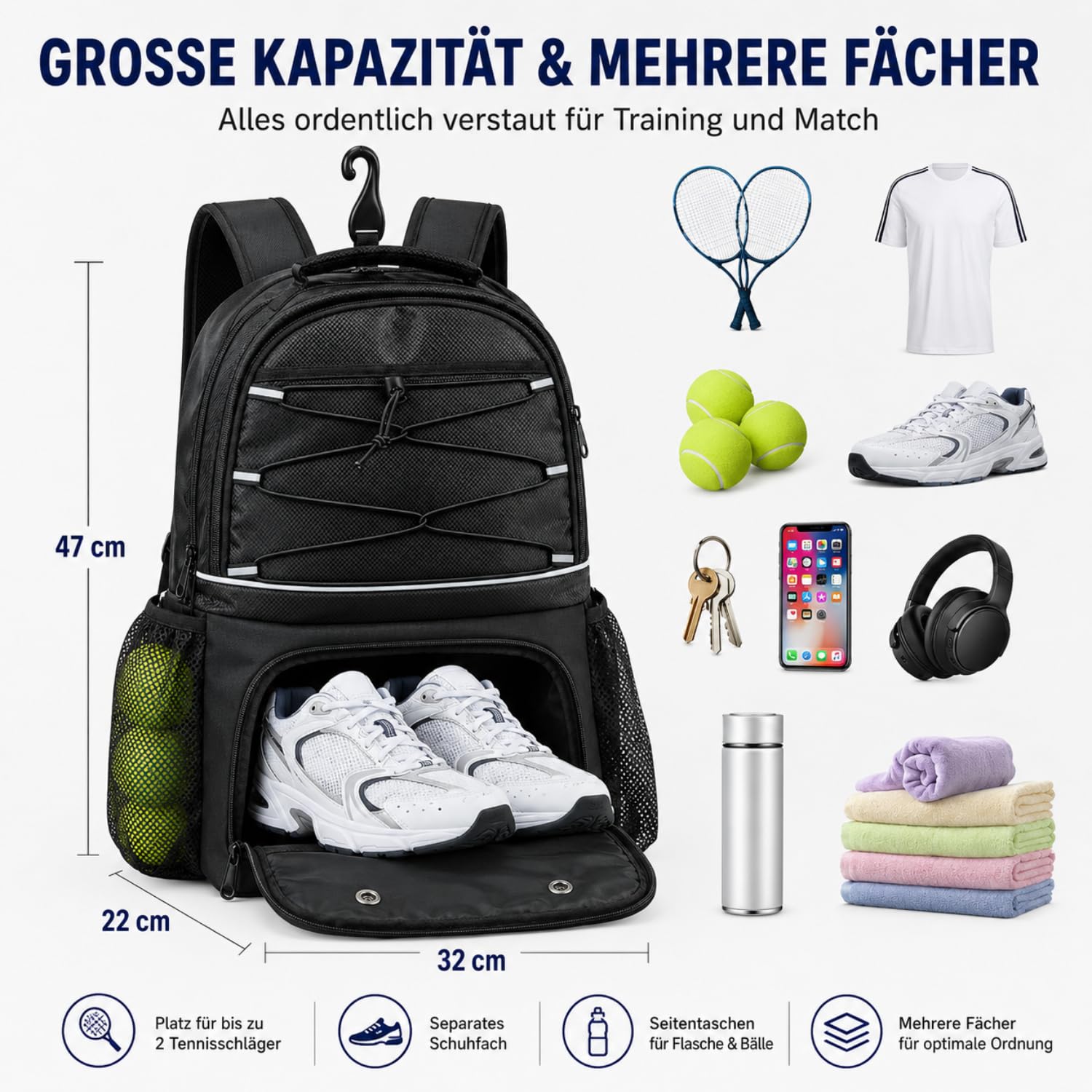 AUMTISC Plecak tenisowy z kieszenią na buty, torba tenisowa dla kobiet i mężczyzn, torba na pikle, plecaki do badmintona, squash, duża pojemność, wielofunkcyjna torba sportowa