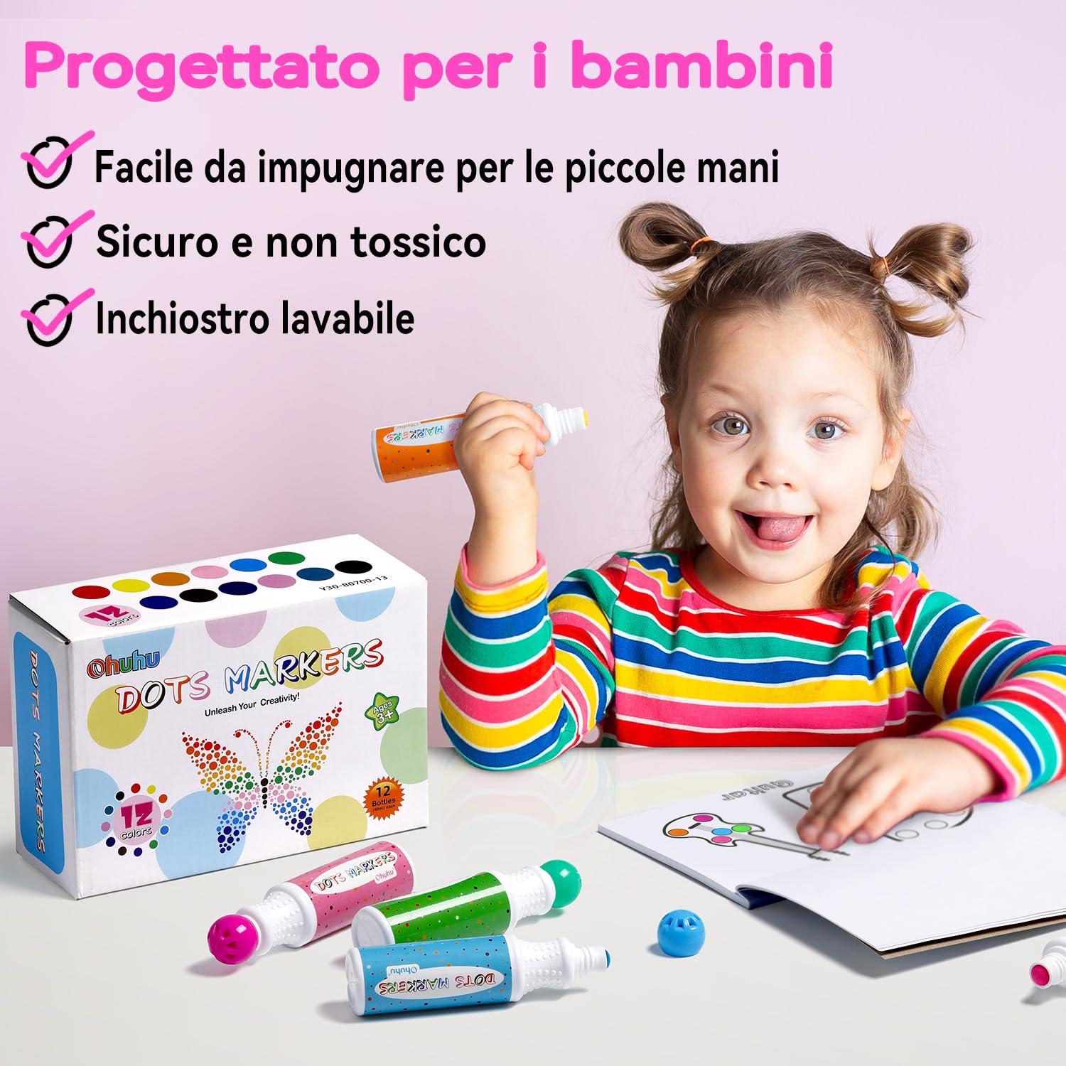 Ohuhu Pennarelli per bambini 12 colori super lavabili (40 ml) con libro di attività in bianco di 30 pagine - Penne Bingo a punta tonda di sicurezza non tossica per la scuola dell'infanzia