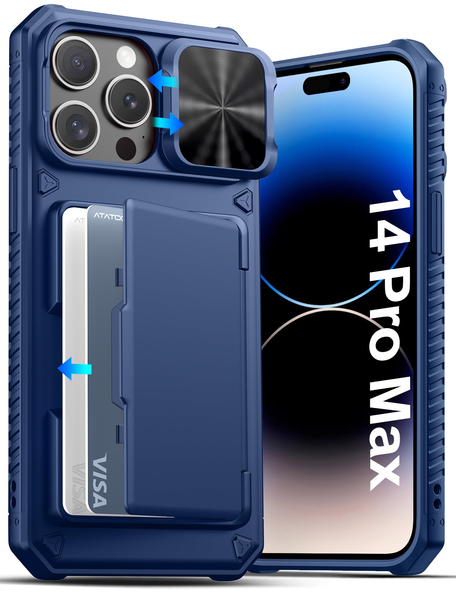 ATATOO for iPhone 14 Pro Max Wallet Case with Card Holder (3-5 Cards), Blue