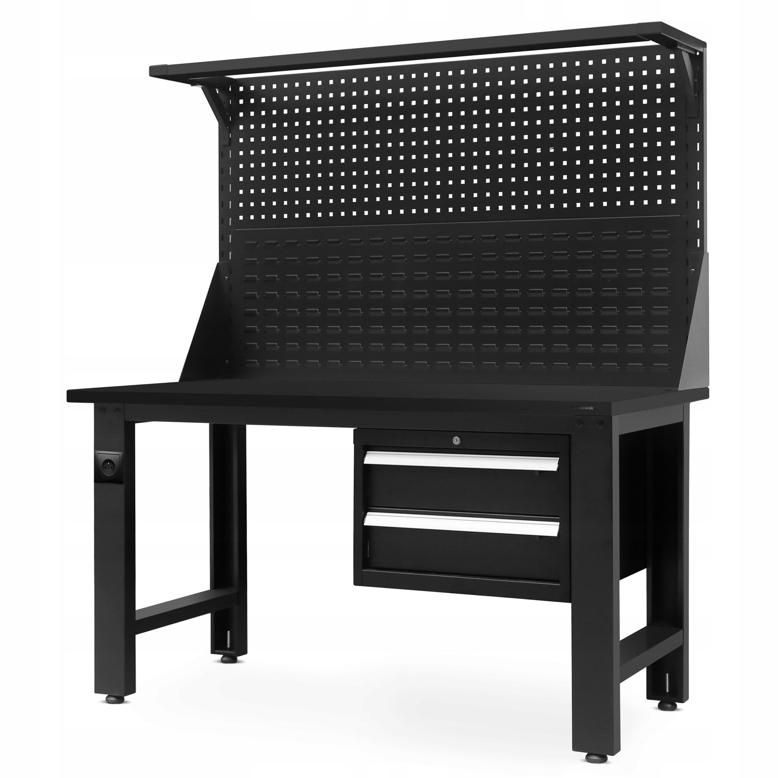 Jan Nowak Werkbank mit Werkzeuglochwand Werktisch mit 2 Schubladen Steckdose Metall MDF Tischplatte Belastbar bis 600 kg Pulverbeschichtung 170 cm x 150 cm x 75 cm (Schwarz-Schwarz)