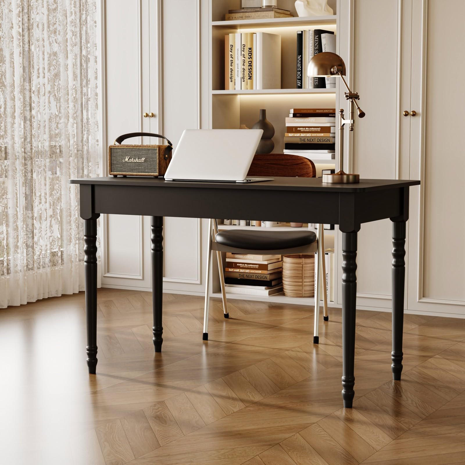 MOUMON Writing Desk with a Drawer, 47.2” Small Computer Desk for Home Office, Wood Study Table Craft Desks for Living Room Bedroom, Round Edge, Black, 23.6”D x 47.2”W x 29.4”H