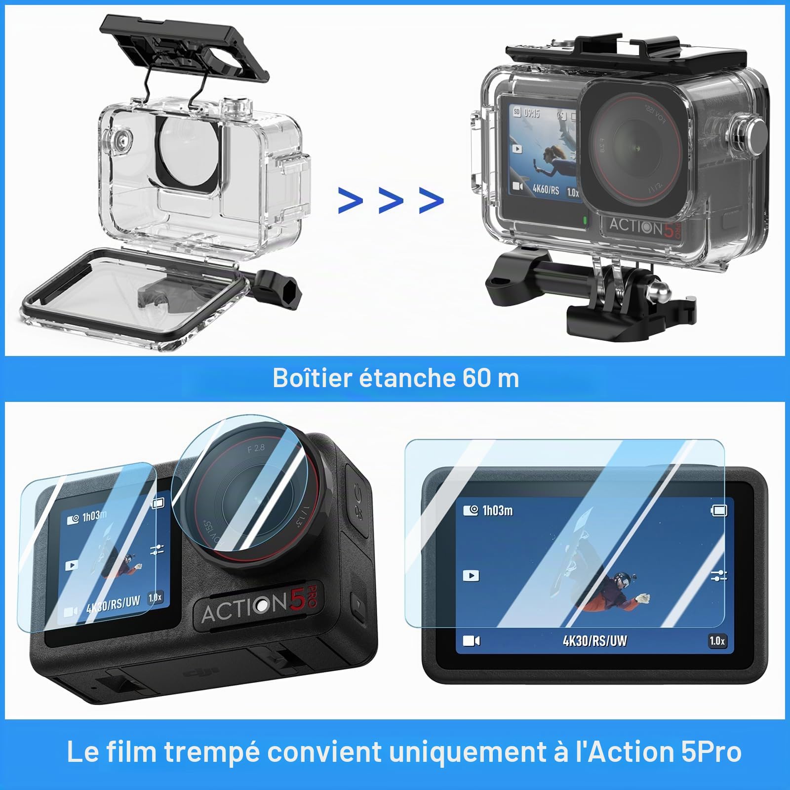 Kit d'accessoires pour DJI osmo Action 5 Pro Action 4/3 noir, étui étanche, boîtier étanche, accessoires de plongée avec tuba, support de vélo, perche à selfie, sangle de tête pour Action 5Pro