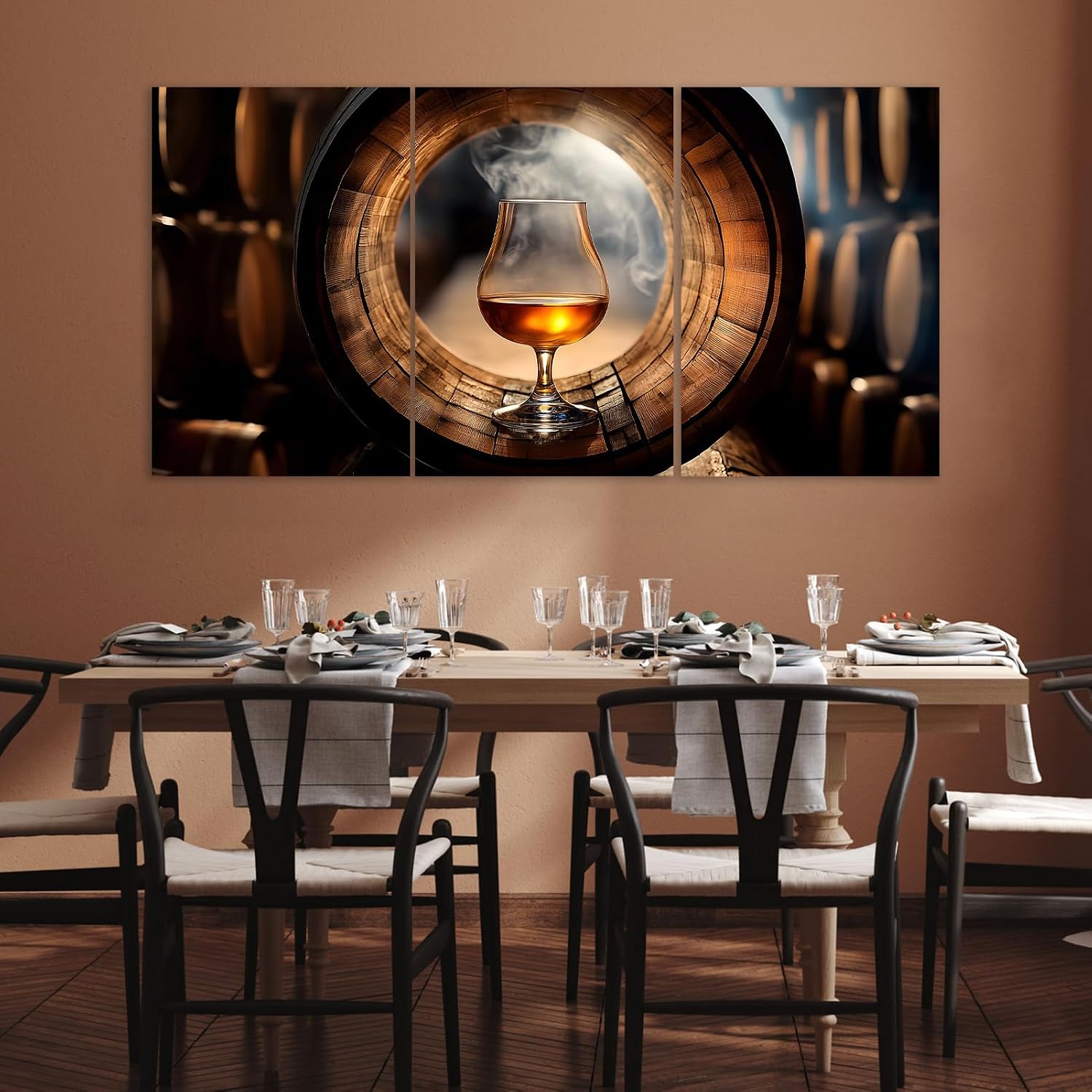 RUNBOAT Whiskey Canvas Wall Art - Vintage Wine Glass Brown Barrels Pictures, Kitchen Wall Decor, Bourbon Whiskey Painting Print for Cafe Beer Club Wall Home (16" x 24" x 3 pcs)