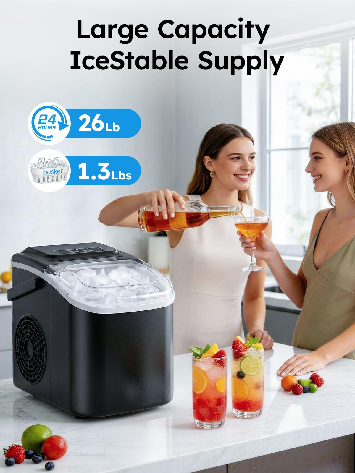 Ice Makers Countertop, 26lbs in 24Hrs, 8 Ice Cubes Ready in 6 Mins, Self-Cleaning Portable Ice Machine with Handle, Countertop Ice Maker with Basket and Scoop for Home/Kitchen/Camping/RV - 3