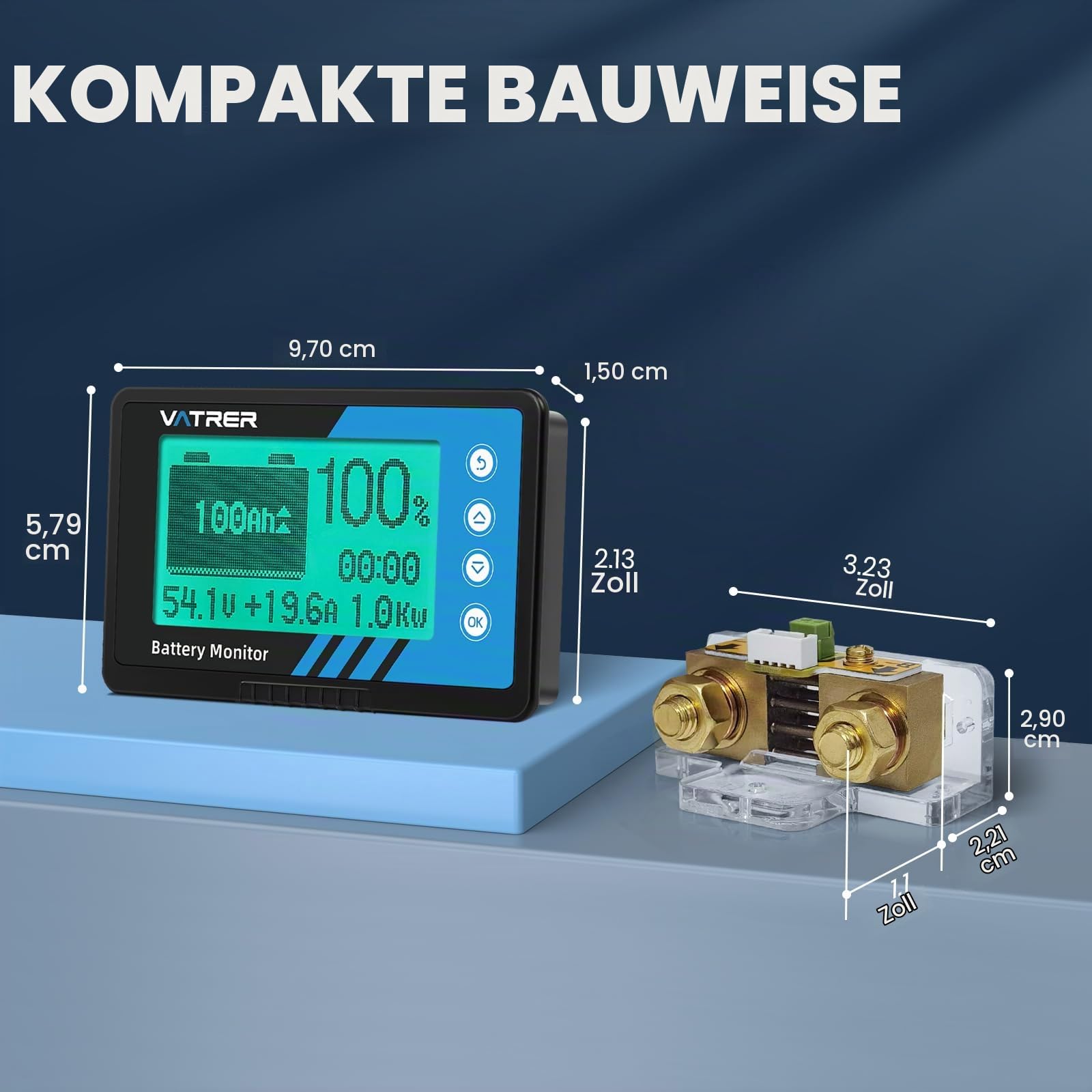 VATRER POWER 500A Batteriemonitor mit Shunt für 8–120V Batterien | 500A Shunt · LCD mit Hintergrundbeleuchtung · Summeralarm · Für LiFePO4 & Blei-Säure