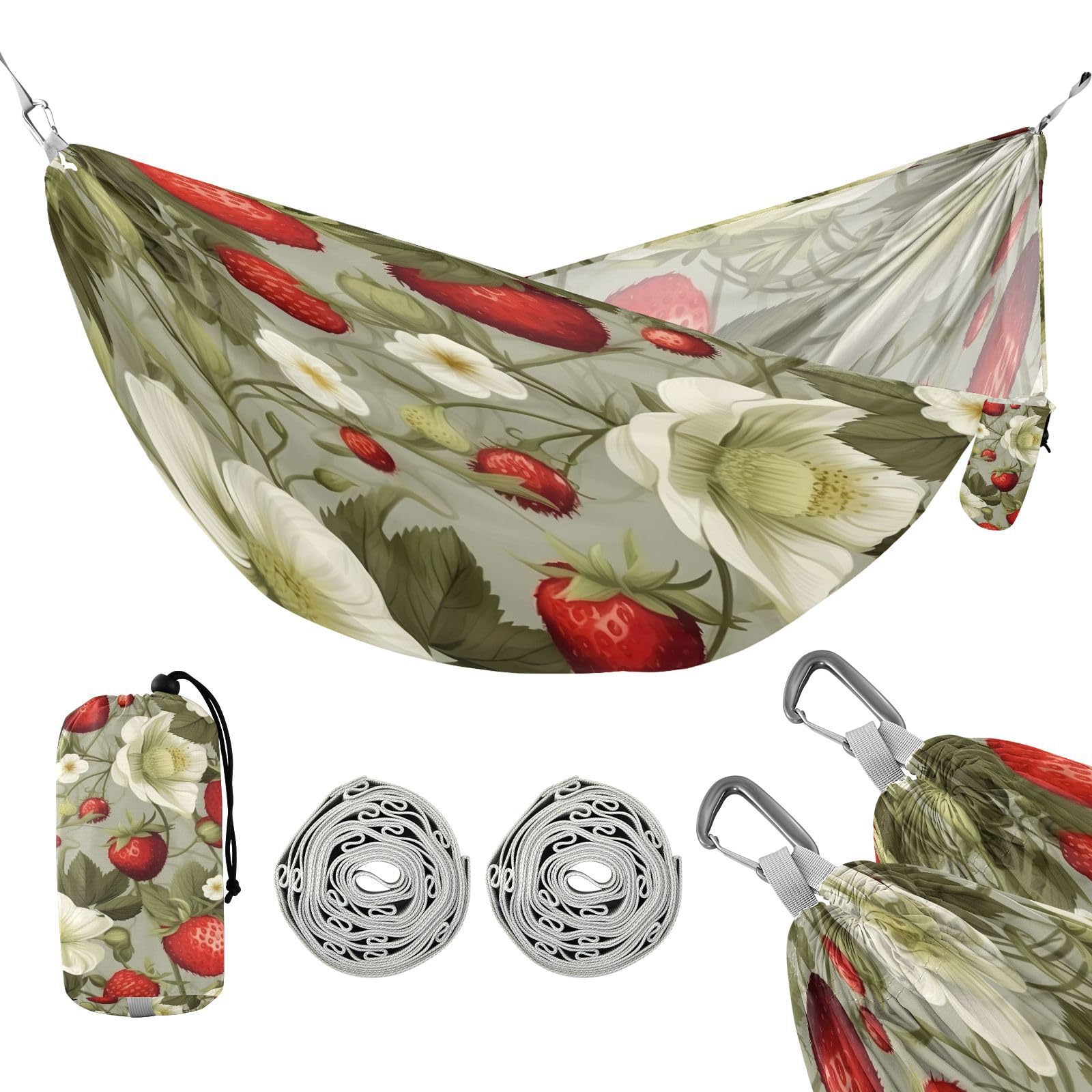 ATTX Strawberry Flower Pattern Camping Hammock - Lightweight & Portable Hammocks, Heavy Duty 330lbs Capacity for Indoor, Hiking, Backpacking, Travel, Backyard, Beach#308