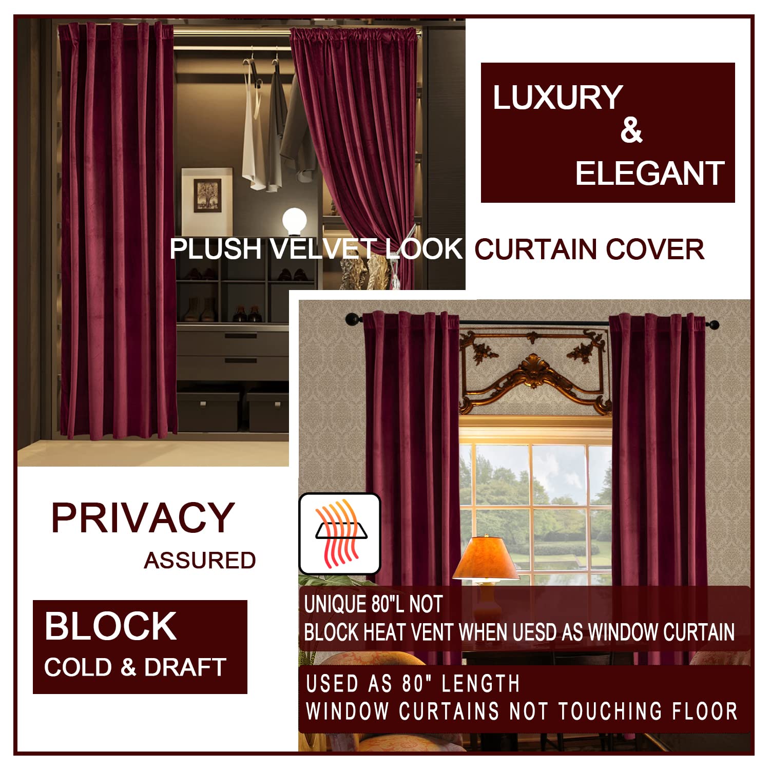 Rideaux de luxe en velours pour porte de Saint-Valentin, pour salon, style vintage, romantique, fausses tentures temporaires, séparateur de courants d'air pour toile de fond, cinéma, 80 L