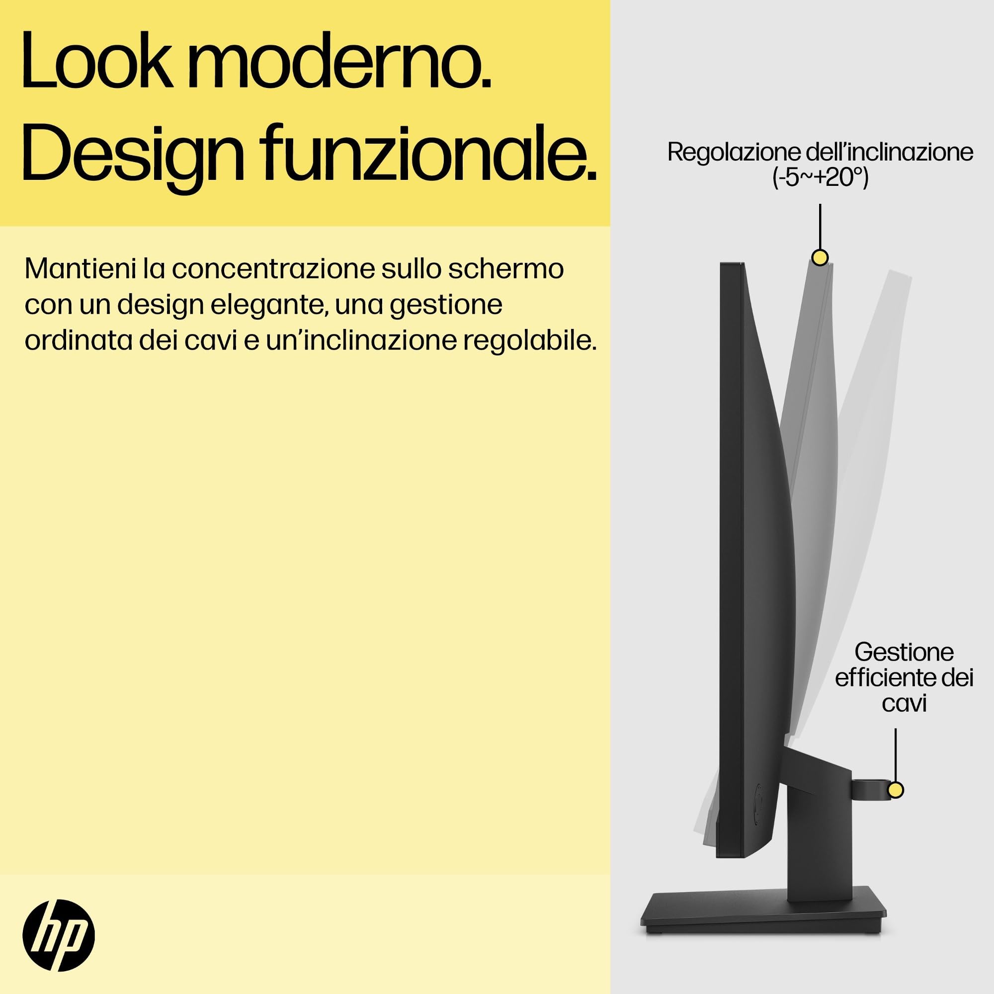 HP V27ie Monitor da 27", FHD, 16:9, Antiriflesso, Pannello IPS da 75Hz, Tempo di Risposta 5 ms, Reclinabile, VESA 10x10 cm, AMD FreeSync, 250 Nits, Low Blue Light, VGA, HDMI, DisplayPort, Nero