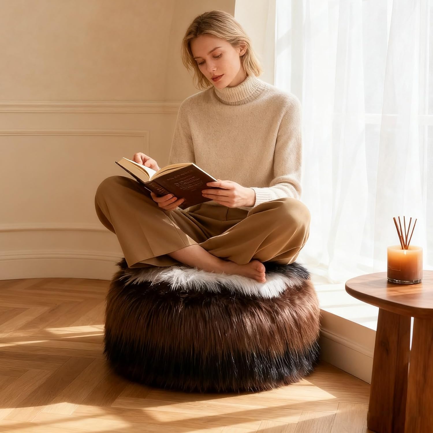 Bean Bag Chair Cover Cow Printed Plush Animal Storage (Cover Only No Fillers) Fur Pouf Ottoman Kids Adults Beanbag Chair Suitable for Adults and Kids Bedroom Balcony(Brown,45 * 50cm)