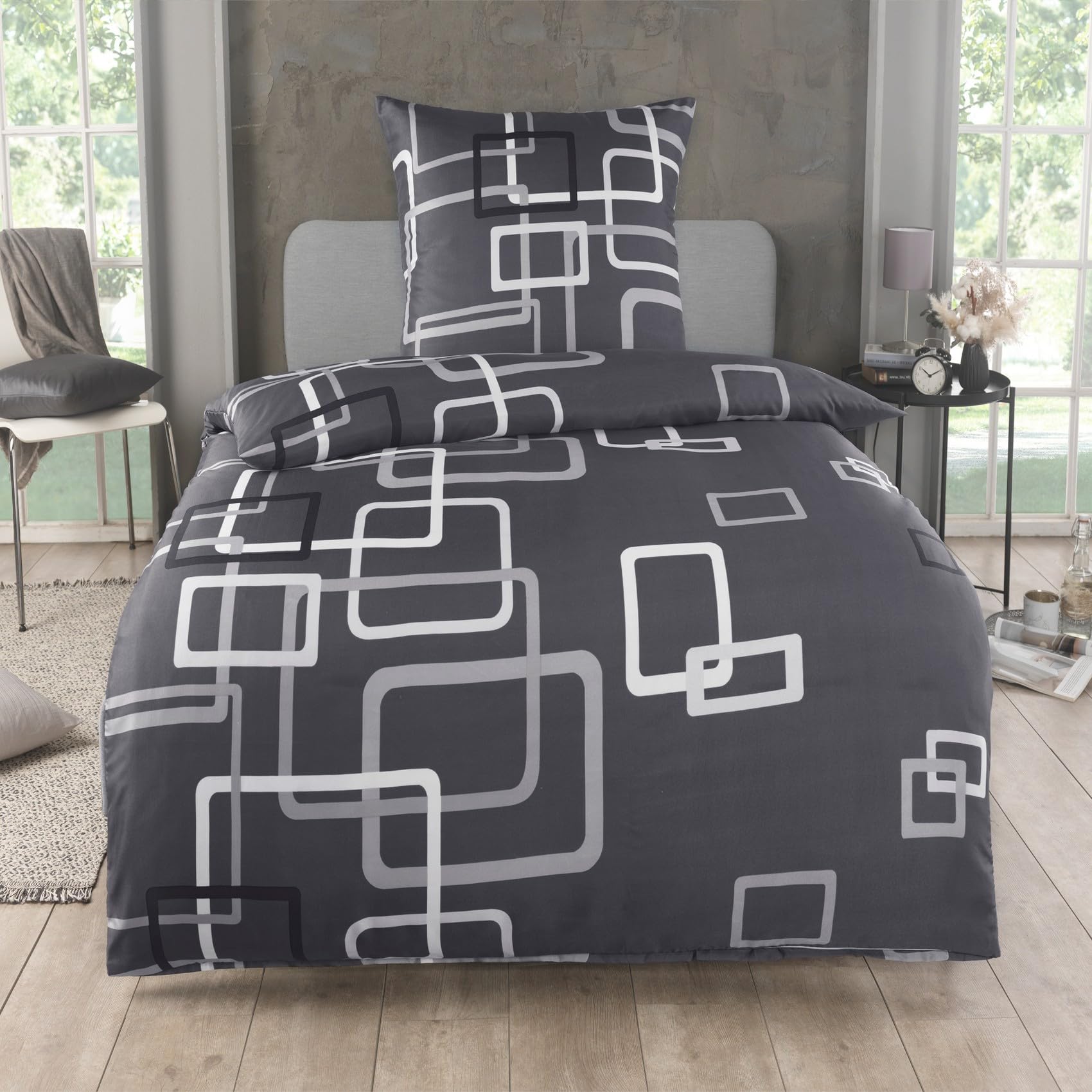 Kuscheli 2-teilige Bettwäsche 135x200 – Mikrofaser Oeko-TEX, 1 Bettbezug 135x200 & 1 Kissenbezug 80x80, Reißverschluss, weich & bügelfrei – Grau Kariert