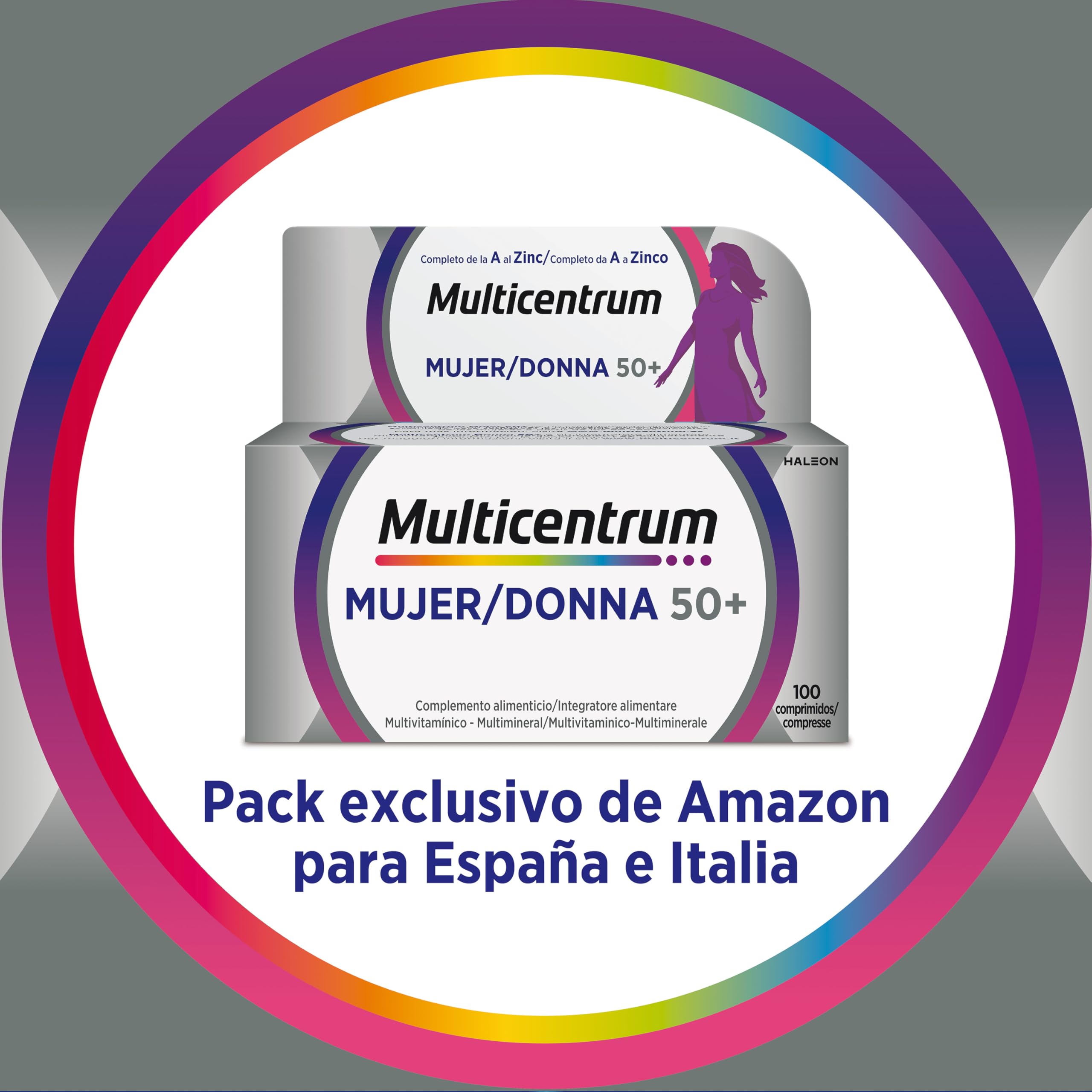 Multicentrum Mujer 50+ Complemento Alimenticio Multivitamínico y Multimineral Para Mujeres 50+, Postmenopausia, Con Calcio, Vitamina C y B, Sin Gluten, 100 Comprimidos