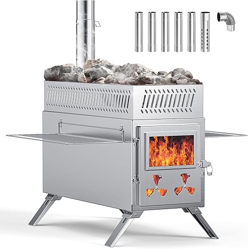 Miniatura 8 de Estufa de leña mejorada, estufa de tienda de campaña caliente, estufa portátil de leña de acero inoxidable con 7 tubos de chimenea para tienda