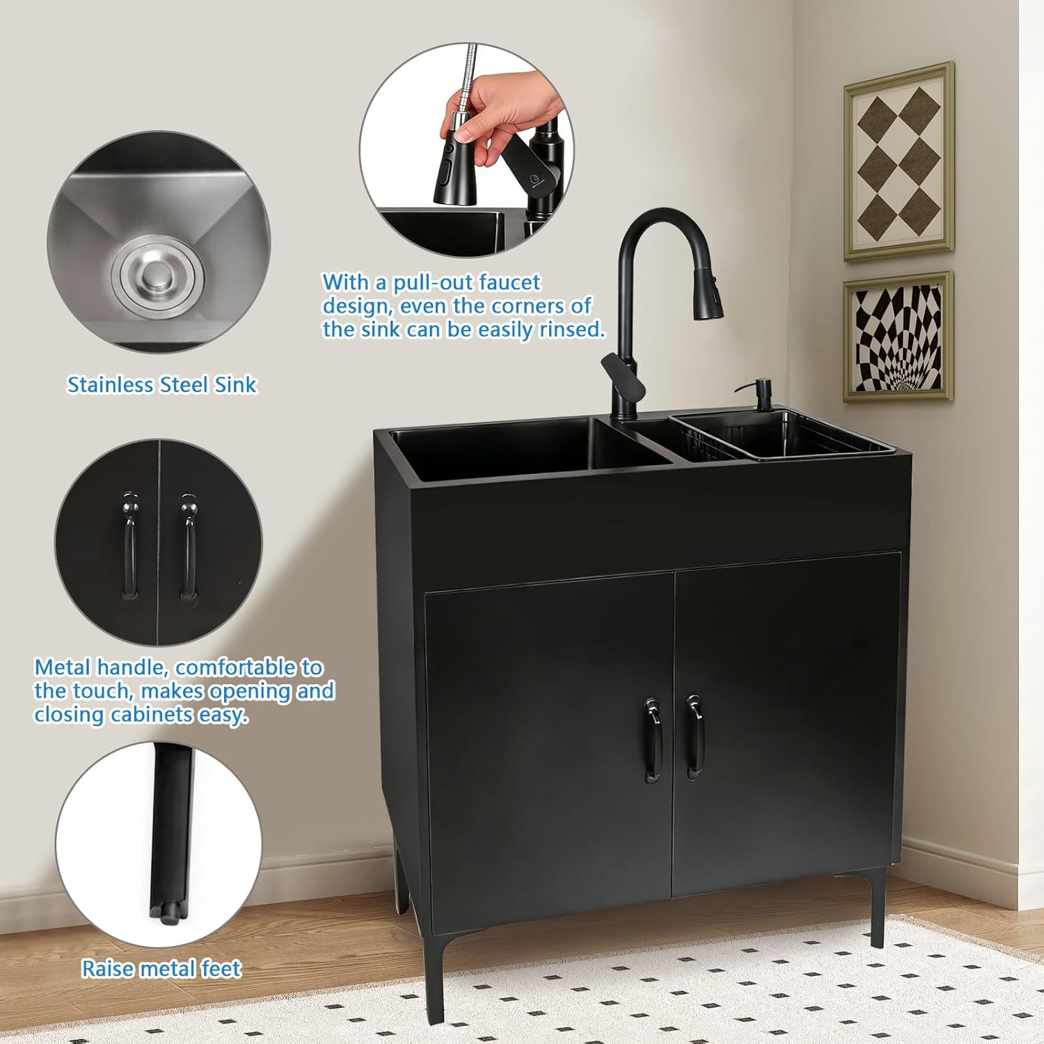 32-Inch Laundry Room Double-Bowl Sink Cabinet, Utility Sink with Cabinet and Pull-Out Faucet, Kitchen Cabinet with Sink for Laundry & Utility Room, Kitchen, Bathroom (Black, 31.88" x 16.92" x 33.46")
