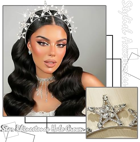 Miniatura 4 de Corona de corona de estrella de cristal plateado, tiaras de diosa con diamantes de imitación, accesorios para el cabello, coronas de ángel