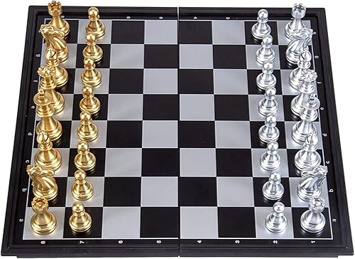Miniatura 2 de AMEROUS Juego de ajedrez de viaje Magetic de 10 pulgadas, juego de ajedrez plegable portátil de plástico con piezas de ajedrez doradas y plateadas,