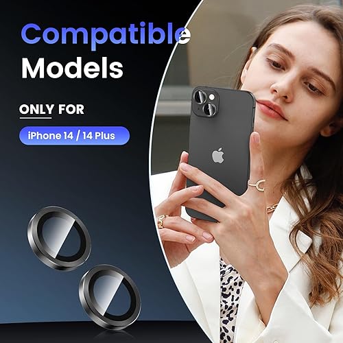 Miniatura 2 de Tensea Protector de lente de cámara para iPhone 14  iPhone 14 Plus, protector de pantalla de vidrio templado 9H, anillo individual de metal para