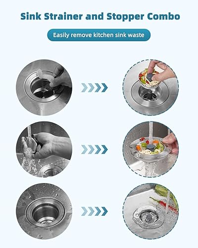 Miniatura 9 de Hygie Rinse Tapón de fregadero de cocina desplegable 3 en 1, 2 coladores de drenaje de fregadero de acero inoxidable #304 con barra de mango para