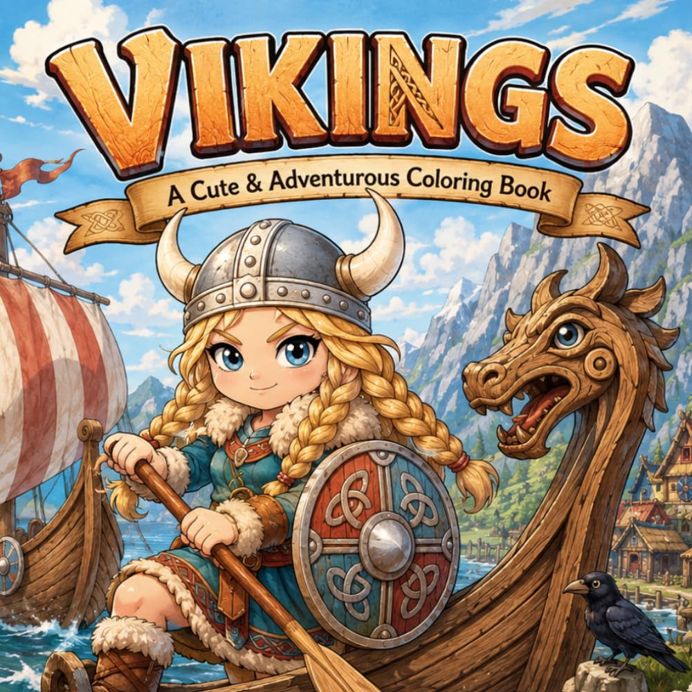 Vikings: A Cute & Adventurous Coloring Book for Children with Viking Warriors, Longships, Shields and Nordic Fantasy Scenes