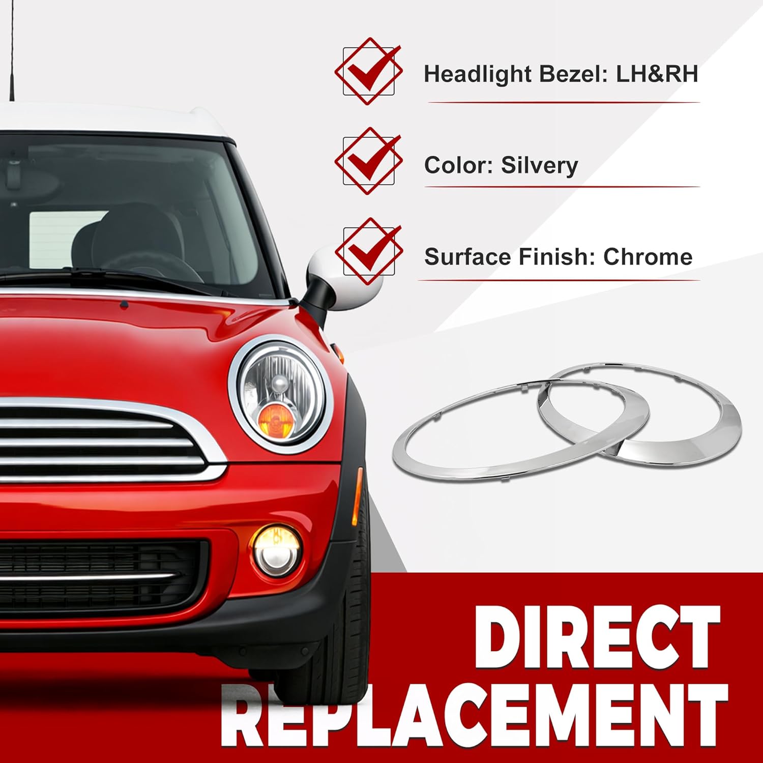 HECASA Pair Headlight Bezel Headlamp Trim Ring Compatible with 2007-2015 Mini Cooper R55 R56 R57 R58 R59 S Clubman Hatchback Convertible Coupe Roadster Front Headlamp Door Silvery Left&Right Side