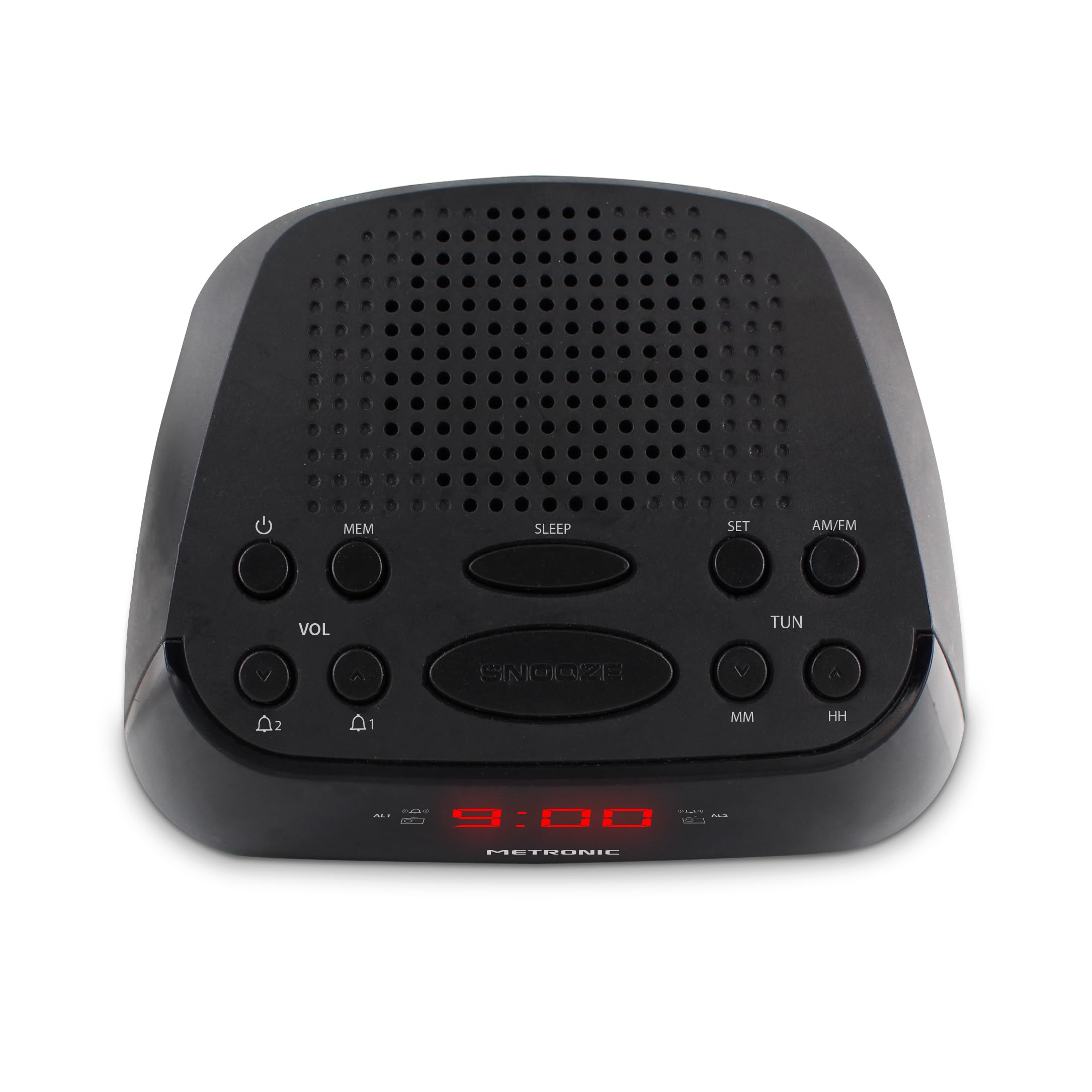 METRONIC 477003 Radio-Réveil FM Double Alarme (Programmable Radio FM ou Buzzer) avec Grand Ecran Affichage Rouge, Fonction Snooze, Alimentation Secteur + Sauvegarde Piles, Simple d'Utilisation - Noir