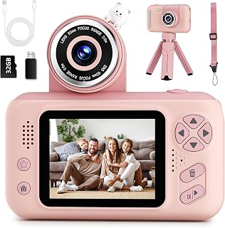 Makolle Kids Selfie Camera 1080P HD Video Recorder, 32GB SD Card, 8x Zoom Flip Lens - Pink Toy Gift for Girls Boys 3-9 Years