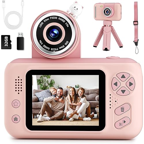 Upgrade Kids Selfie Camera,Chritmas Birthday Gift for 3-9 Years Old Girls,Portable Toy for 3 4 5 6 7 8 9 Year Children,Toddler 1080HD Digital Video Camcorder Camera with 32G SD Card Pink
