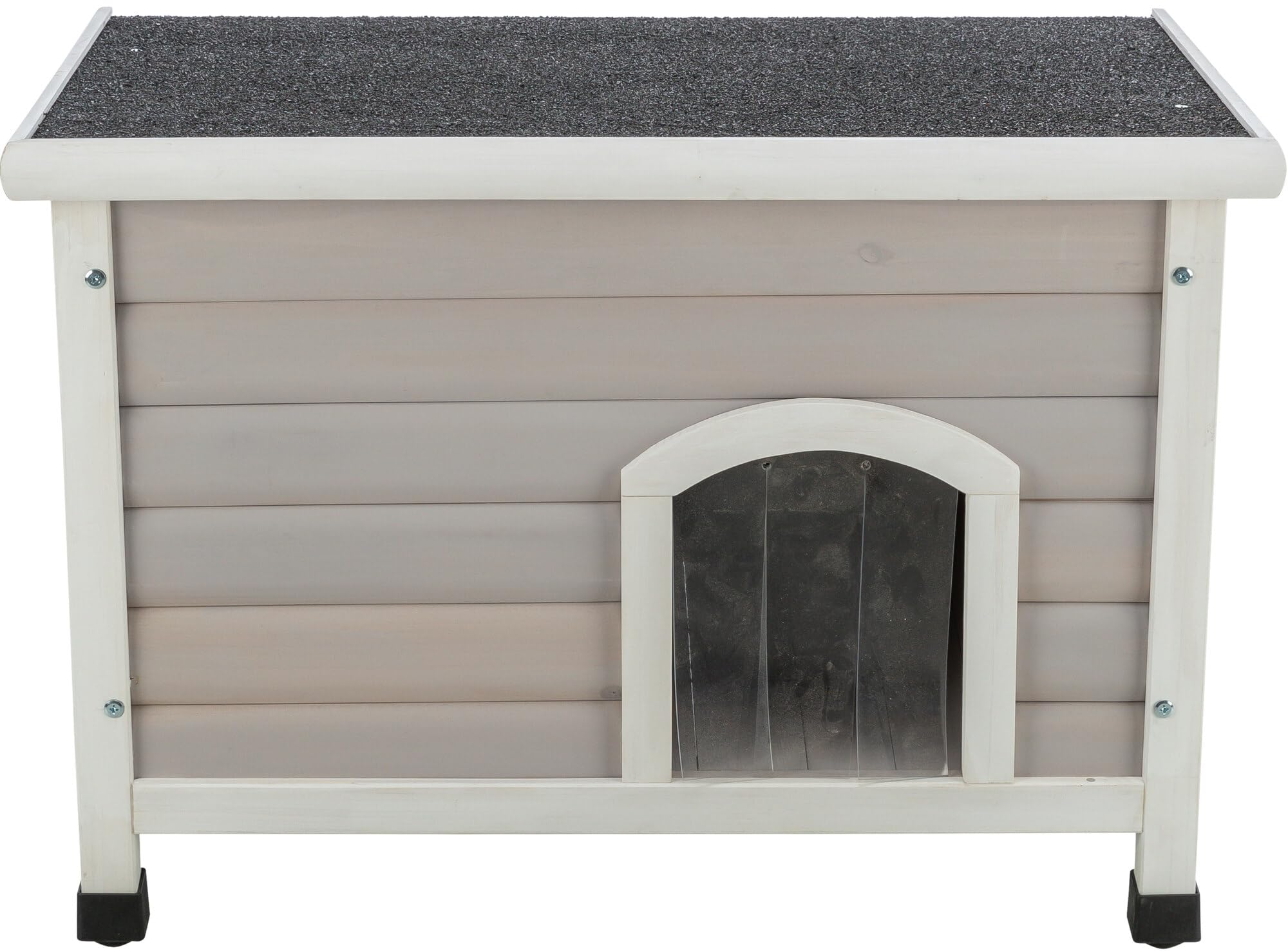 trixie outdoor cat house, weatherproof cat home with adjustable legs & raised floor, 2 covered openings, outdoor shelter for cats and small animals, gray fir wood