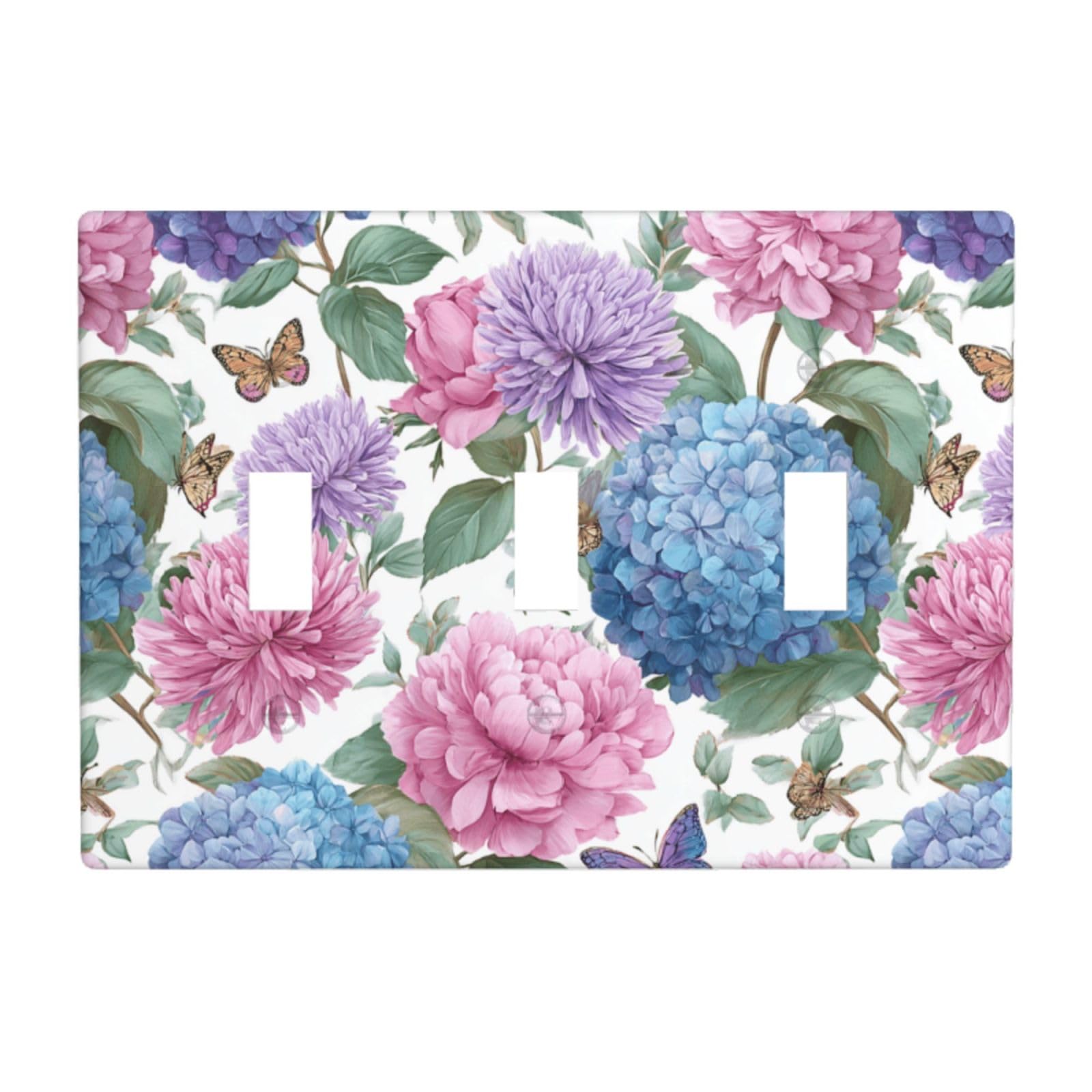 Woshuwo White Colorful Hydrangeas Blue Chrysanthemums Light Switch Covers 3 Gang Triple Toggle Wall Plate Switchplate Electrical Faceplate For Bathroom Kitchen Bedroom Decor