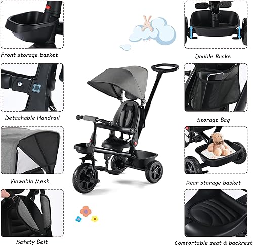 Miniatura 6 de Kinder King Triciclo para niños, triciclo 6 en 1 para niños pequeños con mango de empuje ajustable, asiento giratorio, toldo ajustable, arnés de