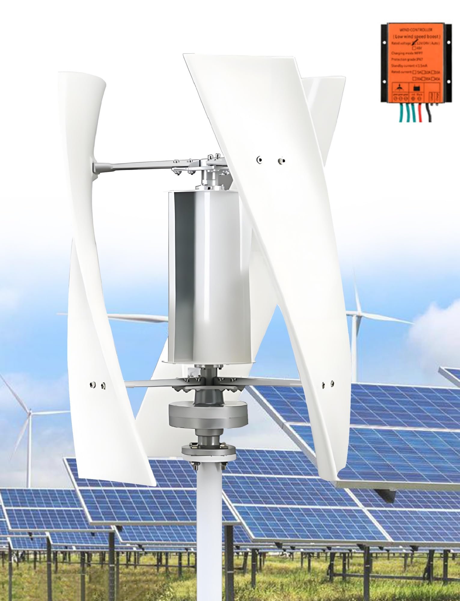 Éolienne verticale 12V contre les coupures de courant solution écologique blanche