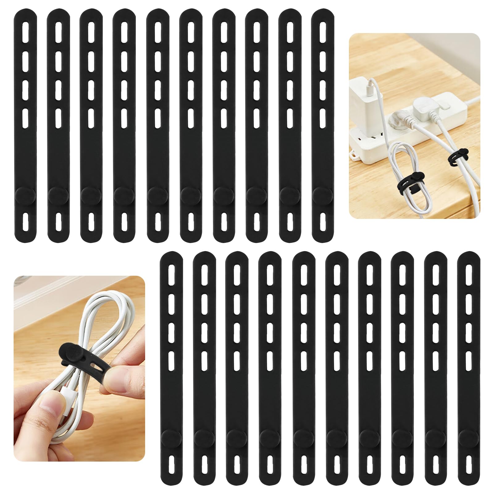 20 Pcs Black Silicone Cable Ties, Reusable Cable Straps Wire Organizer, Cable Management Cord Organizer for Fastening Earphone Phone Charger Home