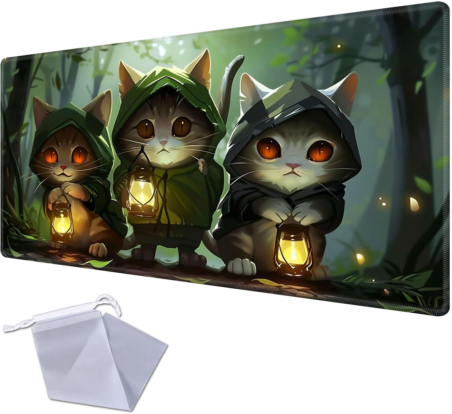 Patterned Gaming Playmat Compatible with MTG, Card Game Mat with Stitched Edges, Natural Rubber Desk Pad with Transparent Drawstring Bag, 27.6 x 15.7 Inch 3 Cat Apostles Carrying Lanterns