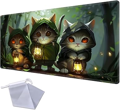 Patterned Gaming Playmat Compatible with MTG, Card Game Mat with Stitched Edges, Natural Rubber Desk Pad with Transparent Drawstring Bag, 27.6 x 15.7 Inch 3 Cat Apostles Carrying Lanterns