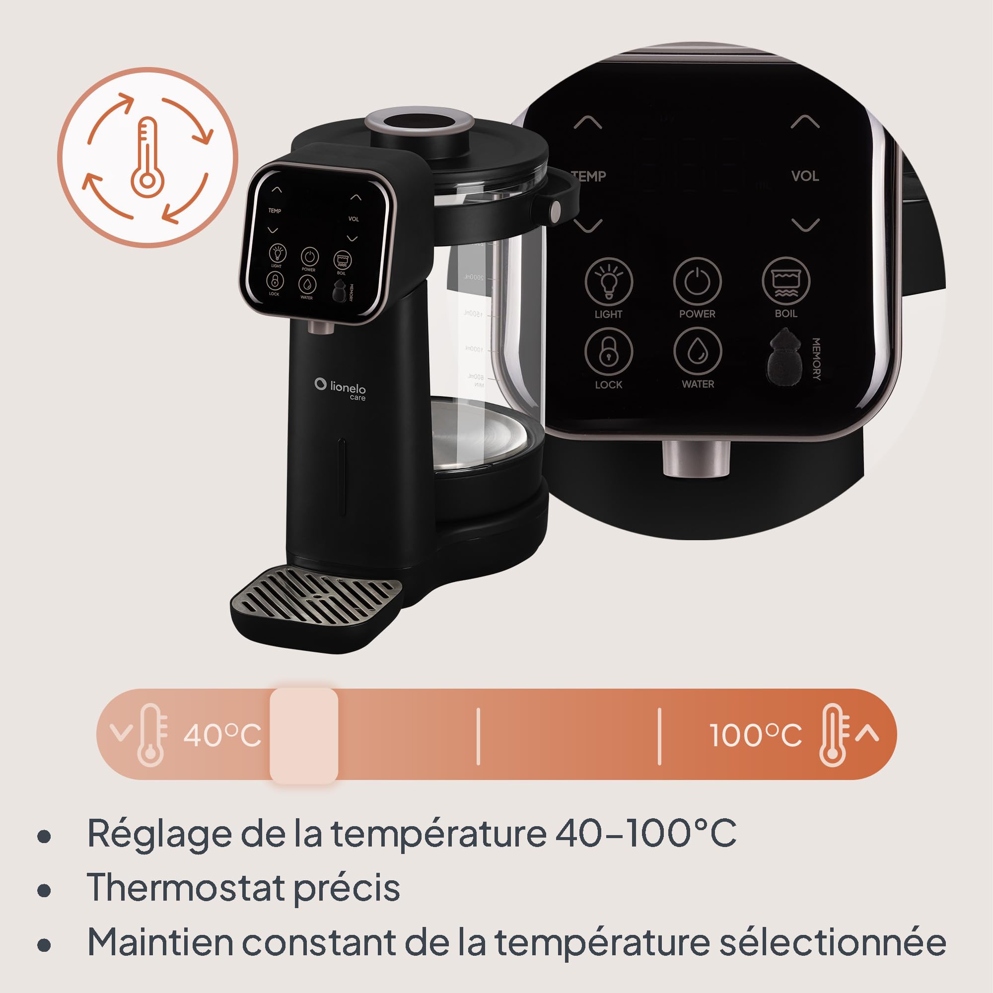 Lionelo Babypresto 2.0 Préparateur de Biberon Automatique, Noir | Chauffe-Eau Bébé 40-100°C, Dosage 30-300 ml, Réservoir en Verre 3 l, Mémoire, Écran LED, Mode Nuit et Lampe UV