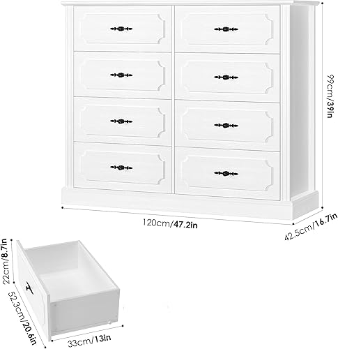 Miniatura 2 de finetones Cómoda blanca con 8 cajones de madera con asas de acero, cajones modernos para almacenamiento de piso para sala de estar, pasillo, oficina