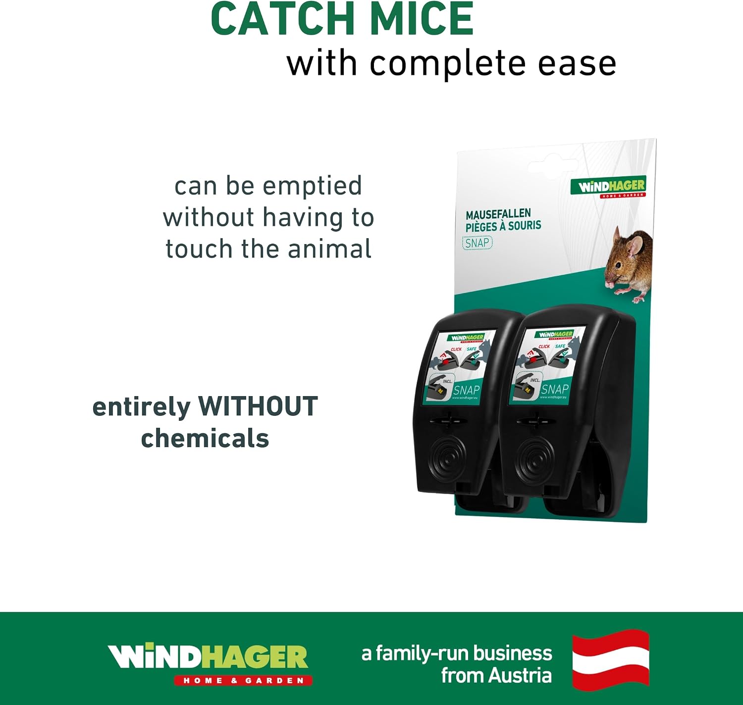 A product image showing two Windhager SNAP mouse traps in their packaging, emphasizing easy emptying without touching the animal and being chemical-free.