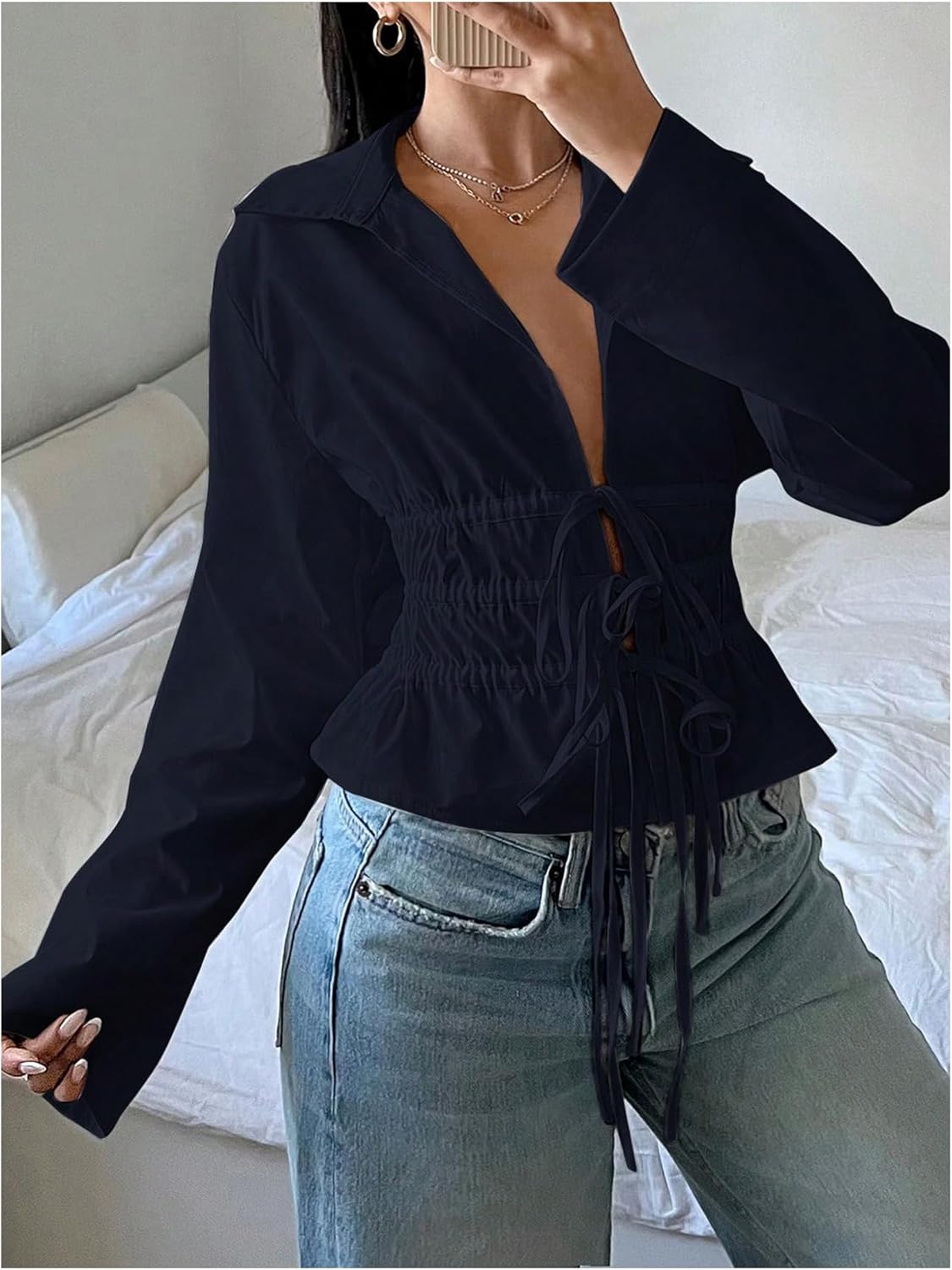 SHENHE Women's V Neck Tie Front Cinched Waist Drop Shoulder Long Sleeve Collared Blouse Top - Image 4