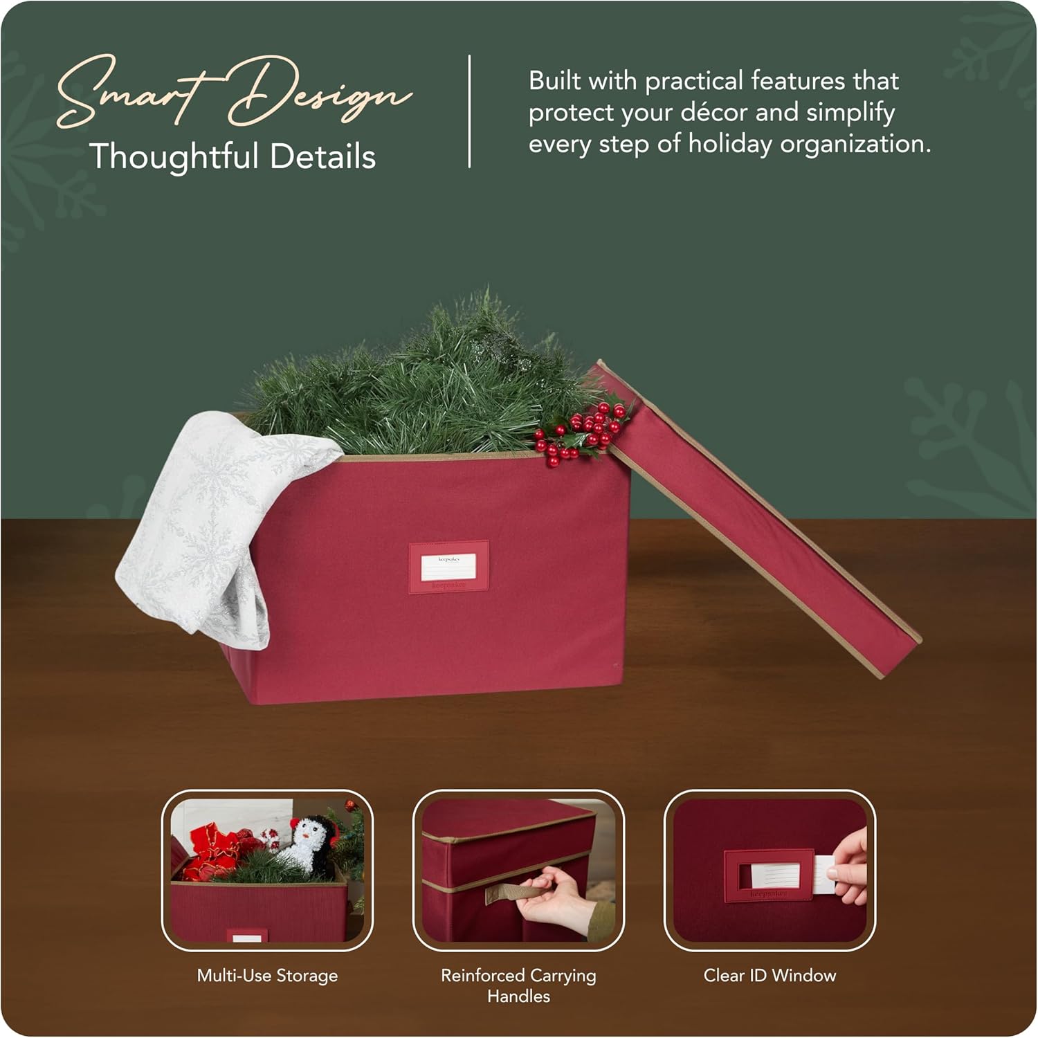 Covermates Keepsakes Treasurekeeper Storage Box – Heavy-Duty Polyester with Sturdy Interior Walls – Stackable Holiday Storage with Handles & ID Window, Red