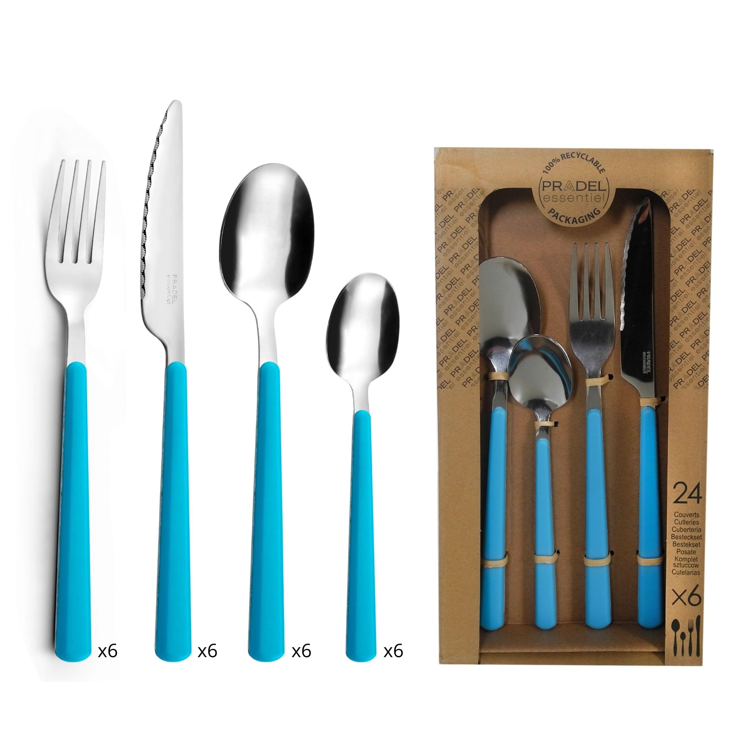 PRADEL ESSENTIEL - Ménagère 24 couverts de table pour 6 personnes - Tonic - Acier inoxydable 18/0, Finition Standard - Turquoise
