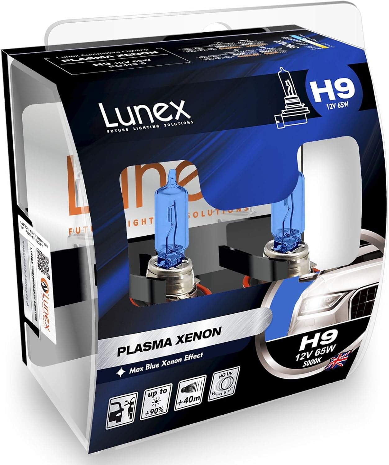 LUNEX H9 PLASMA XENON Headlight Halogen Bulbs Xenon look 12V 65W PGJ19-5 5000K duobox (2 units)