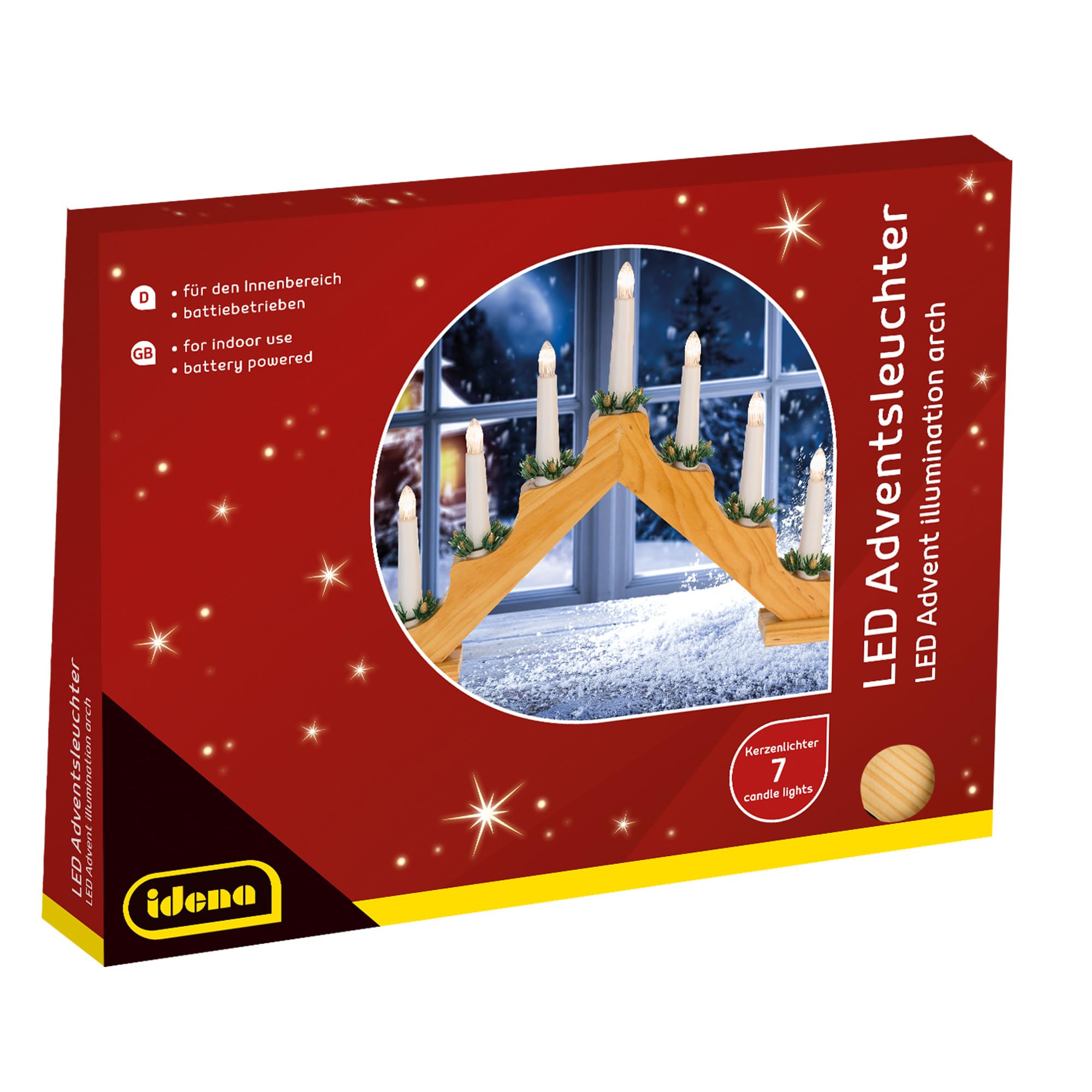 Idena 8582092 – świecznik adwentowy LED z 7 diodami LED w kolorze ciepłej bieli, łuk z drewna w kolorze naturalnym, zasilany bateriami, dekoracja do wnętrz, jako dekoracja zimowa, adwentowa i