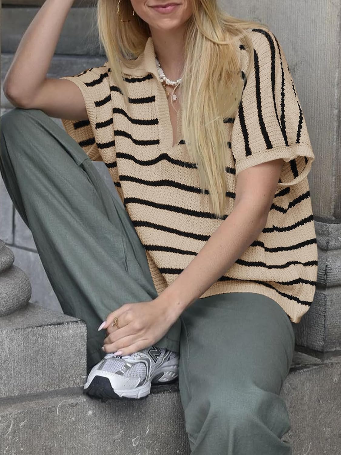 Saodimallsu Womens Striped Short Sleeve Sweater Tops Summer V Neck Collared Trendy Casual Loose Knit Pullover Shirt