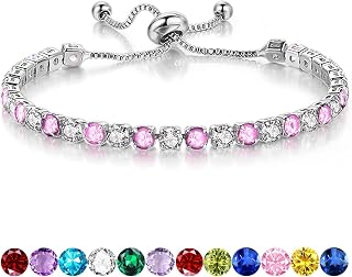 Birthstone Bracelet for Women, Silver Tennis Bracelets with Cubic Zirconia Adjustable Slider Bracelet Birthday Mother's Day Graduation Gifts for Her Mom Wife Girlfriend