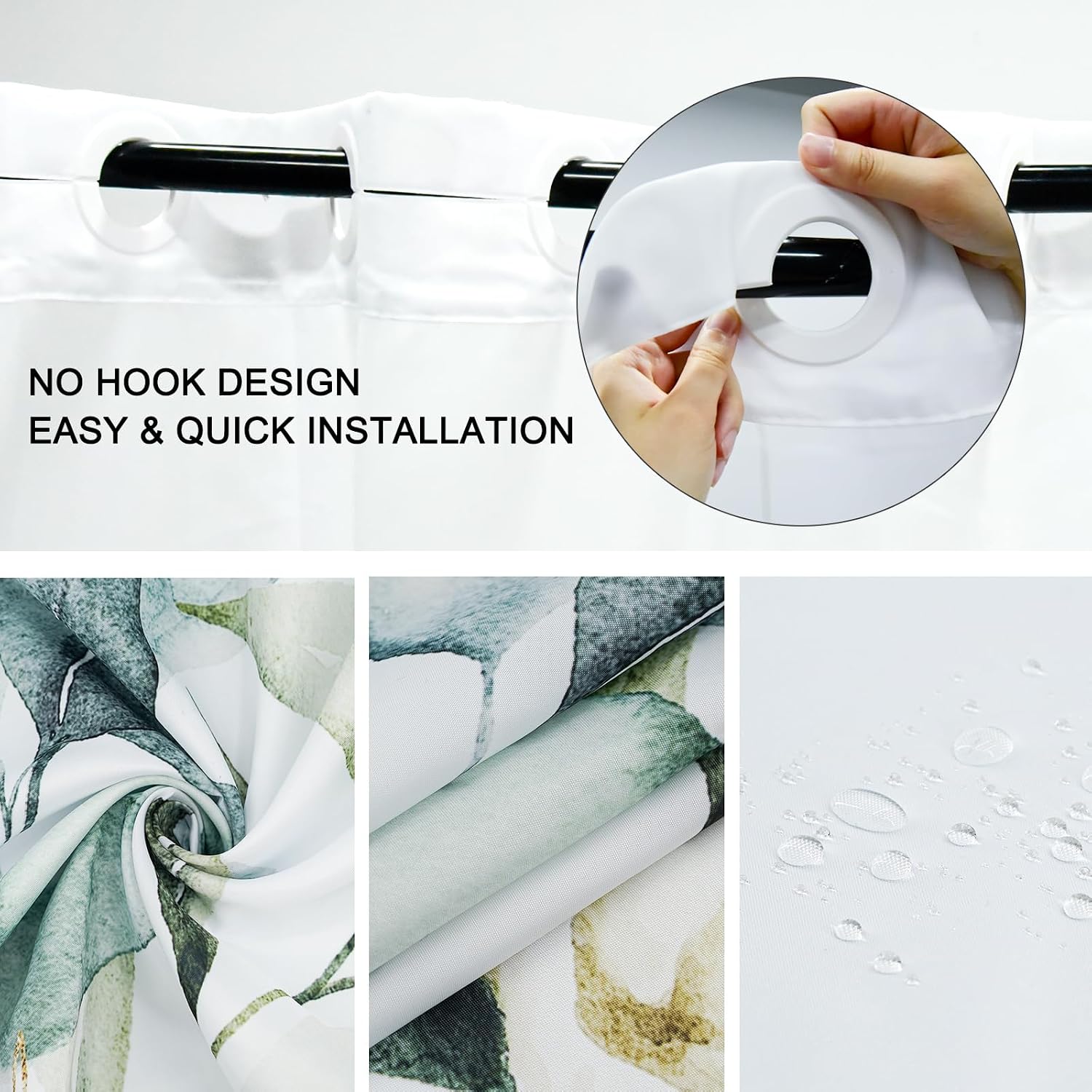 Lindameler Green Nature Plant No Hook Shower Curtain with Snap in Replacement Liner Set 72"x72" Waterproof Polyester Hotel Shower Curtain with See Through Mesh Top Window (Plant)