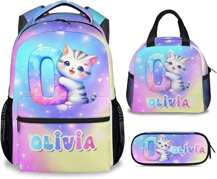 Custom Cat School Backpack Set, Cute 3 in 1 Initial Backpacks with Lunch Box for Girls, Colorful Elementary School Bag and Pencil Pouch Bundle for Kids