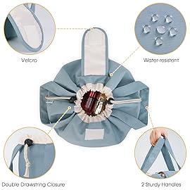 Narwey Barrel Drawstring Makeup Bag Large Floral Cosmetic Bag Make up Bags Toiletry Bag Travel Bags for Toiletries Organizer for Women Gift for Teen Girls (Greyish Blue) (Patent)