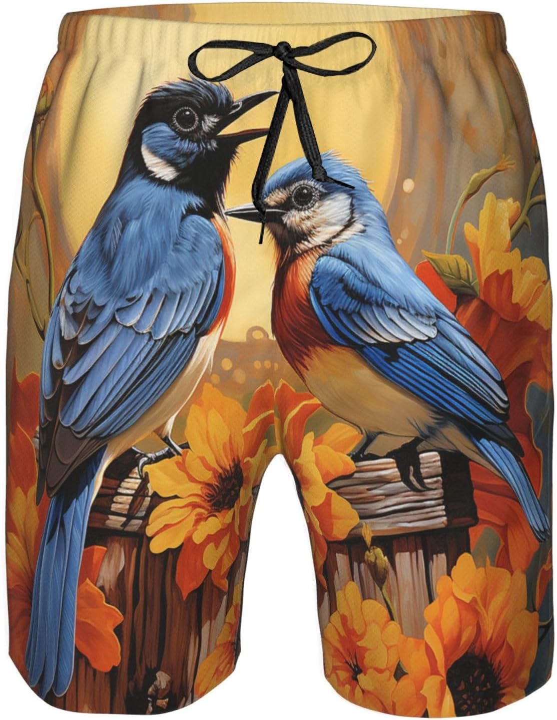Men's Swim Trunks Quick Dry Beach Shorts Summer Bathing Suit Birds & Sunflowers Swimwear Beachwear with Pockets