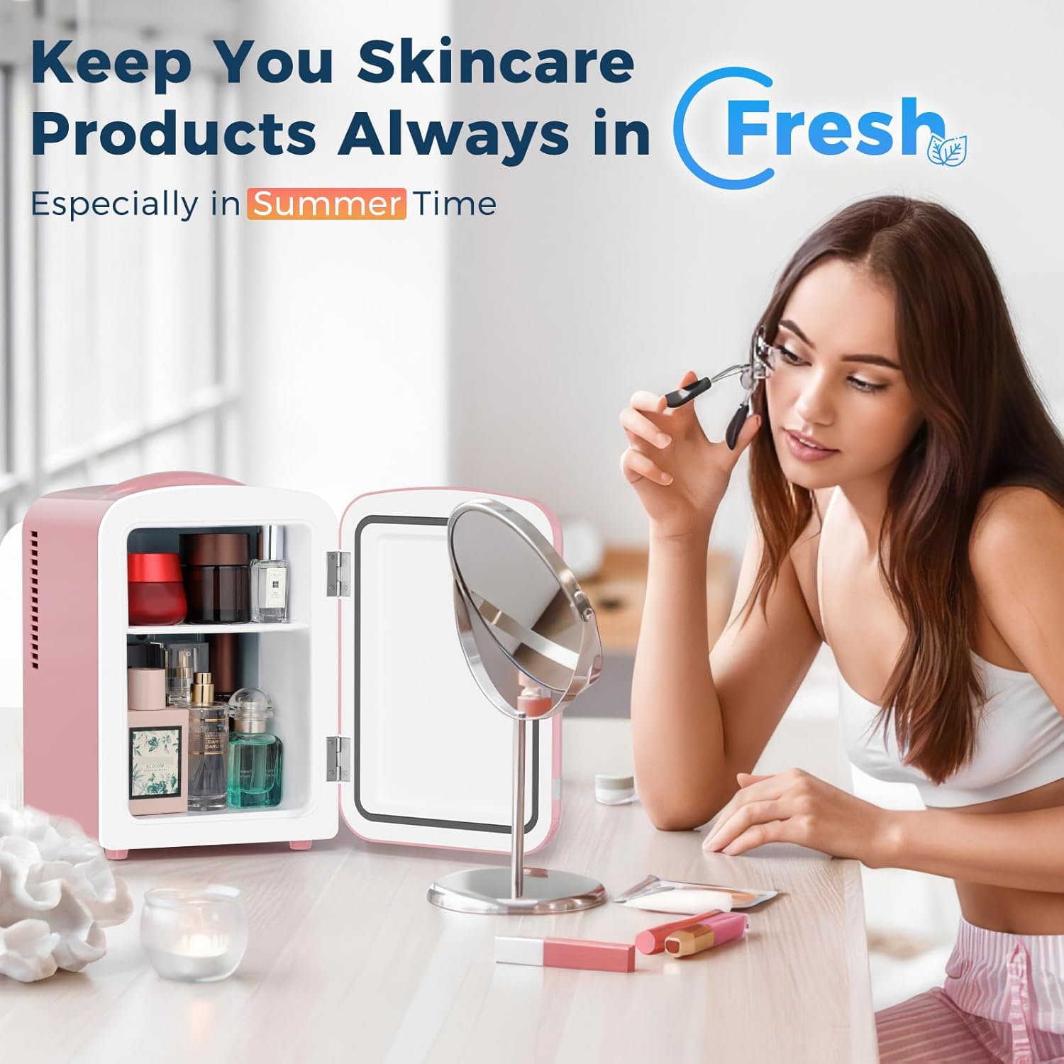 Antarctic Star 4L/6 Cans Compact Refrigerator,Portable Mini Fridge Skin Care,Cooler and Warmer for Bedroom,Car,Office & Dorm, Small Cooler for Cosmetics/Beverage/Food,PINK