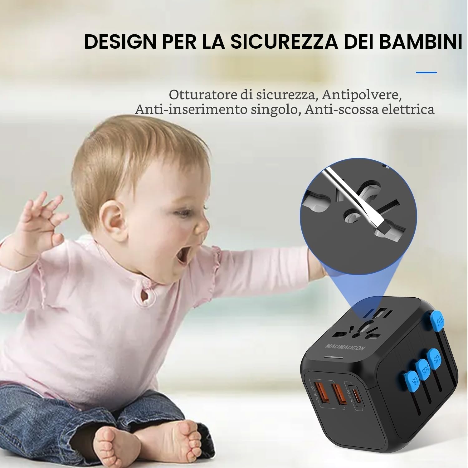 MAOMAOCON Adattatore da viaggio universale da viaggio con PD20 W, 2 USB, 1 presa USB C e 1 AC, adattatore universale per Germania, USA Inghilterra, Thailandia Italia Australia