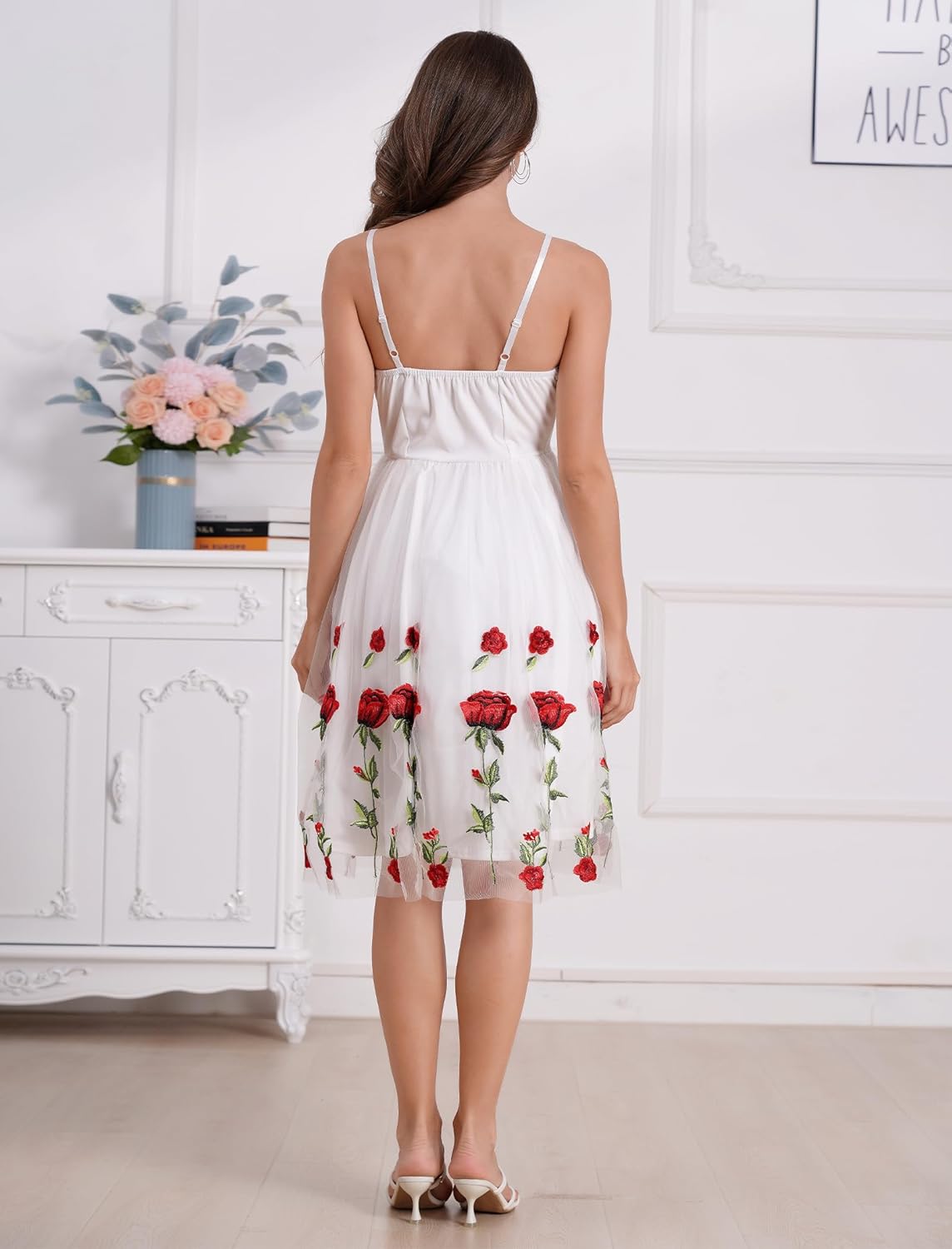 Women's Spaghetti Strap Floral Embroidered Dress for Women Embroidery Rose Dress Sleeveless Tulle Prom Cocktail Party Dress - Image 4